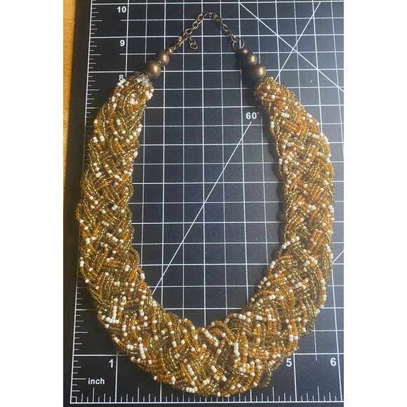 Handmade Braided Glass Seed Bead Necklace Gold Amber White Brass 19+3" Boho - Picture 7 of 7